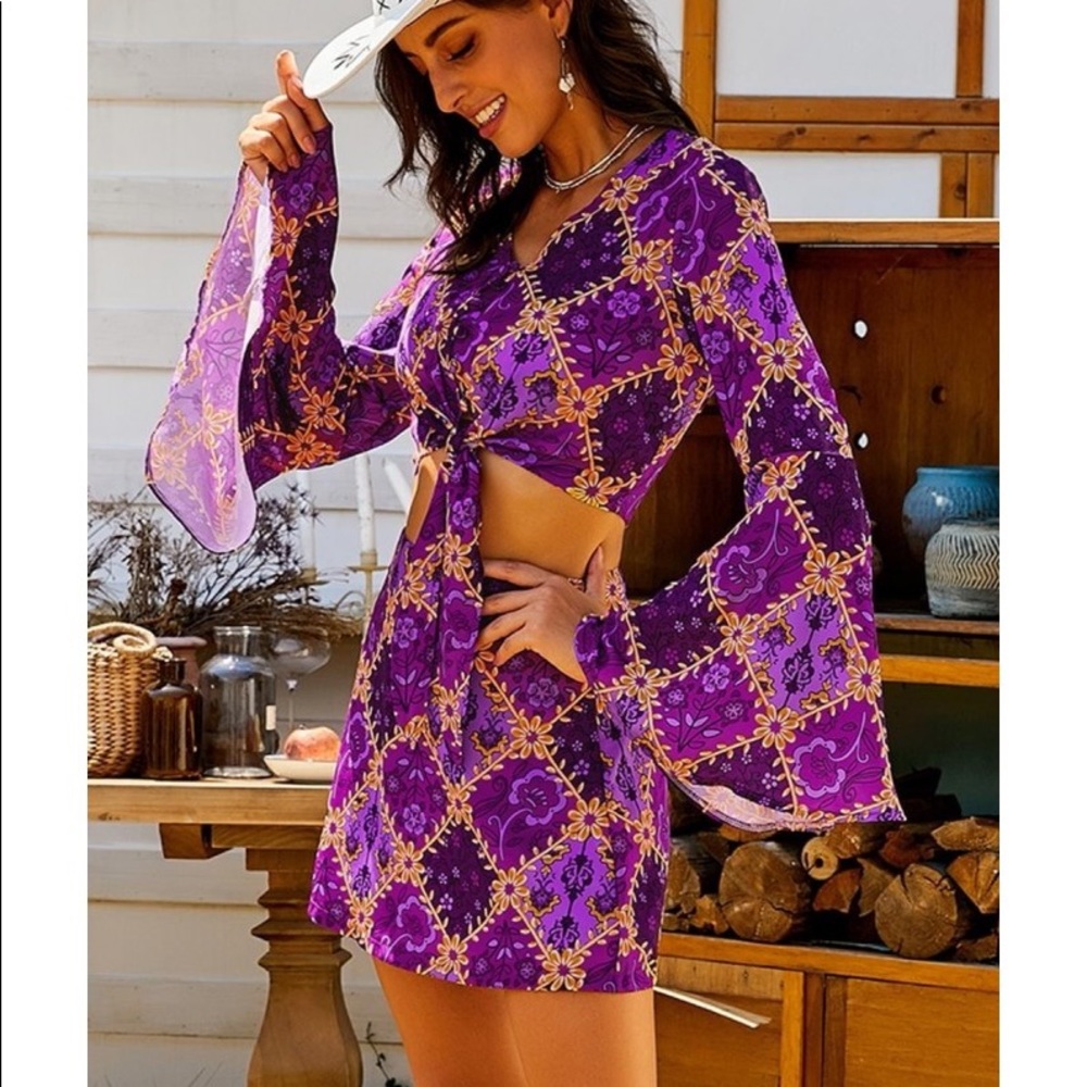 Purple Retro Bell Sleeve Front Knot 2 Pcs Dress